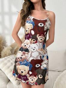 小熊印花木耳邊吊帶睡裙