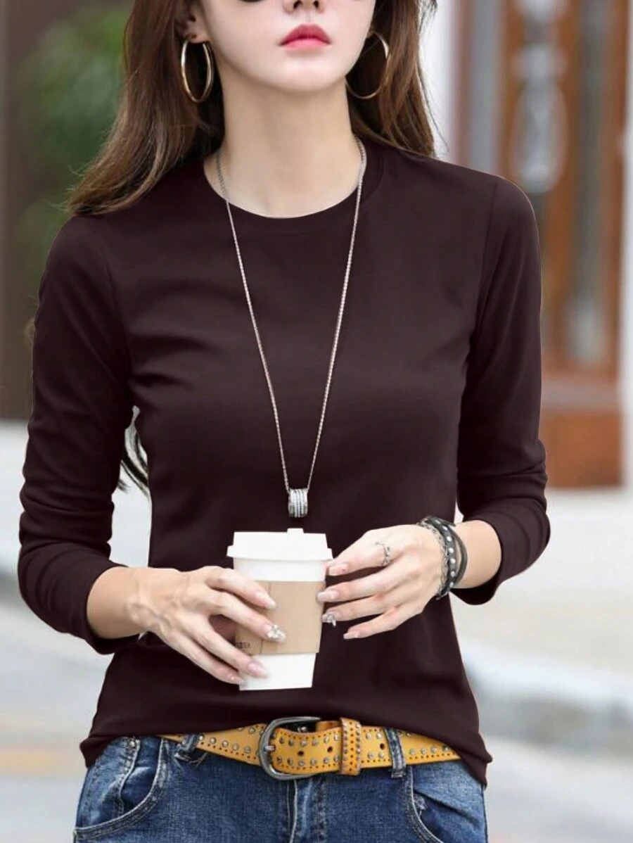 INAWLY Solid Round Neck Tee Fall Cloth For Women - Brown - View 1