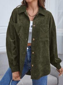 SHEIN Essnce 落肩袖口袋貼布燈芯絨大衣 - 軍綠色 - 查看 5