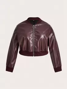 SHEIN EZwear 大碼拉鏈開襟PU皮革飛行員夾克 - 棕色 - 查看 1