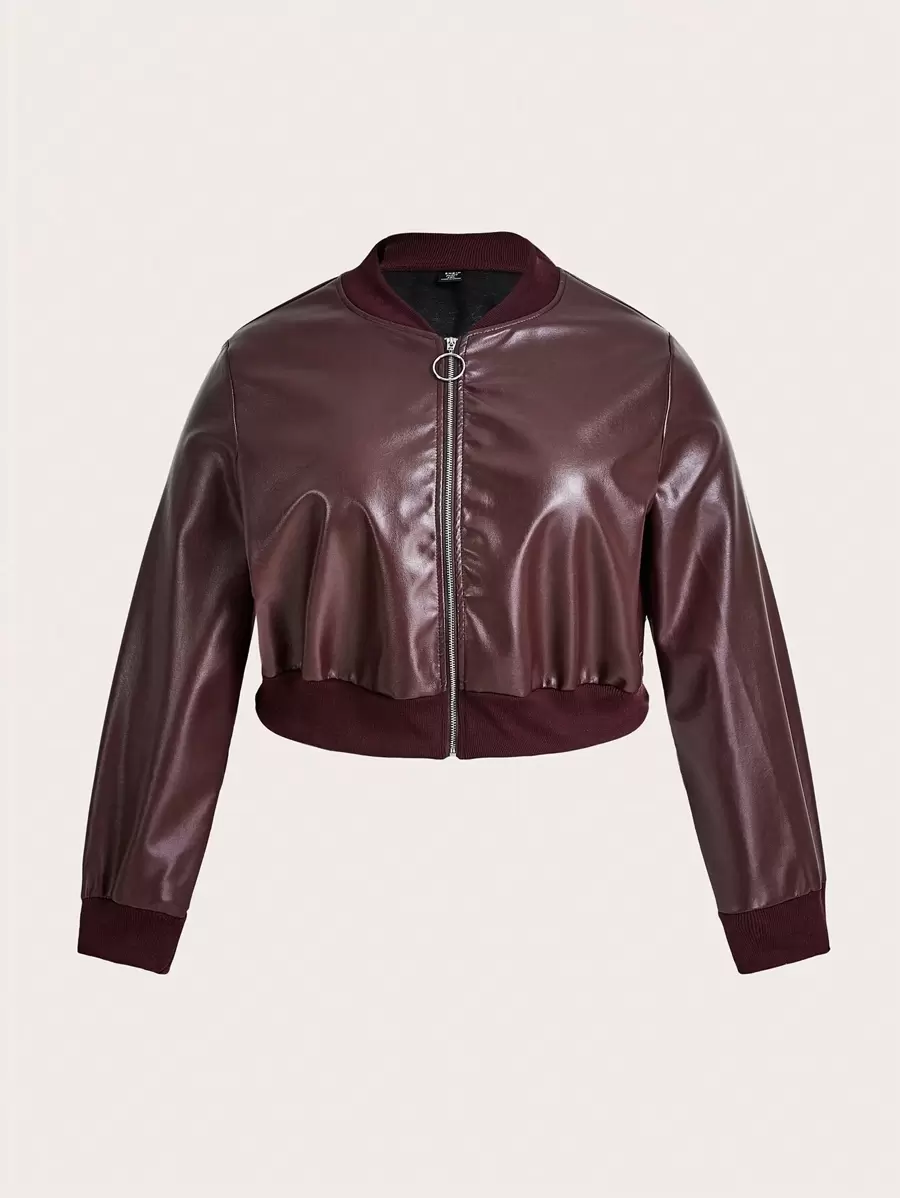 SHEIN EZwear 大碼拉鏈開襟PU皮革飛行員夾克 - 棕色 - 查看 1