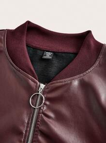 SHEIN EZwear 大碼拉鏈開襟PU皮革飛行員夾克 - 棕色 - 查看 4