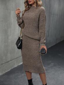 SHEIN Clasi 小高領落肩袖毛衣和針織裙 - 咖啡棕 - 查看 4