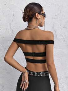 SHEIN ICON Solid Off Shoulder Open Back Crop Top - Black - View 2