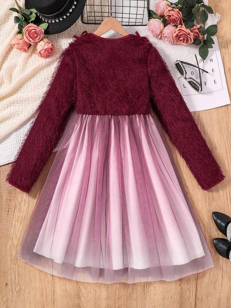 Tween Girl Fuzzy Bodice Contrast Mesh Hem Dress