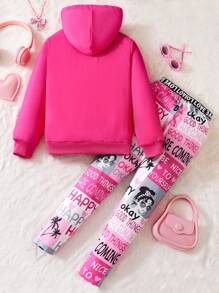 SHEIN 女大童人像圖案連帽衛衣&字母圖案緊身打底褲 - 玫紅色 - 查看 2