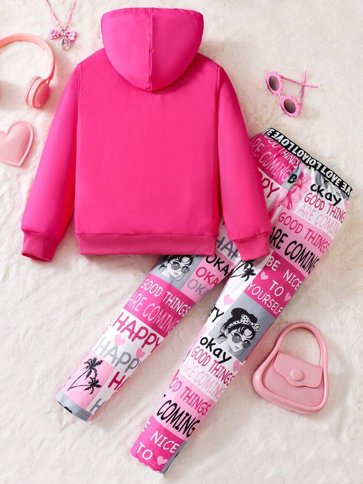 Tween Girl Figure Graphic Hooded Sweatshirt & Letter Graphic Leggings