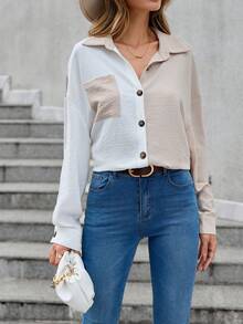 SHEIN LUNE Camisa de dos tonos de hombros caídos - Multicolor - Ver 5