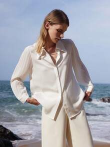 Goelia純色紐扣式收緊袖女士白襯衫 - 白色 - 查看 3