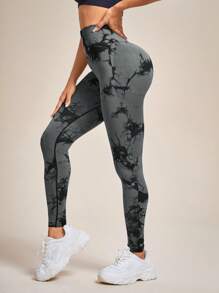 SHEIN Yoga Trendy Nhuộm buộc Thắt lưng băng rộng Quần Xà cạp thể thao - Nhiều màu - Xem 5