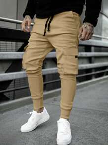 Manfinity Homme Men's Loose Fit Flap Pockets Drawstrings Cargo Pants, Long Color Block Pants, For Husband, Boyfriend Gifts - Khaki - View 3
