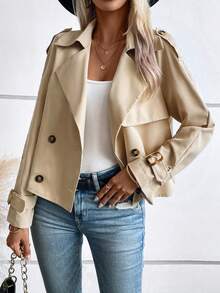 SHEIN Clasi Epaulettes Design Double Breasted Trench Coat - Khaki - View 4