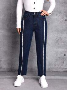 SHEIN LUNE Raw Trim Tapered Jeans - Blue - View 1