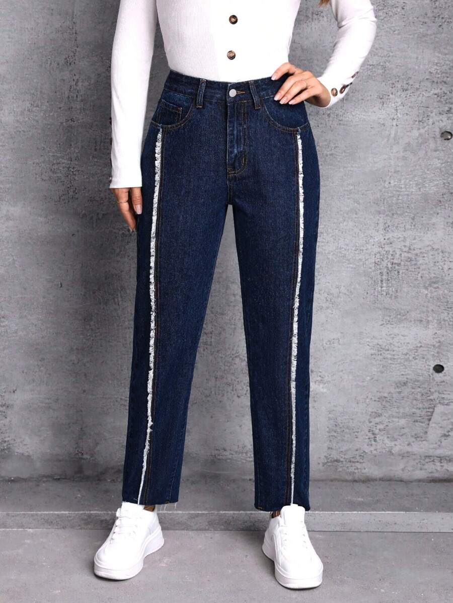 SHEIN LUNE Raw Trim Tapered Jeans - Blue - View 1