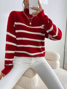 EURMUSE Stripe Pattern Mock Neck Drop Shoulder Sweater - Burgundy - View 6