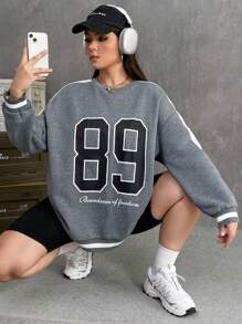 SHEIN EZwear 大碼撞色字母圖案落肩袖運動衫 - 灰色 - 查看 1