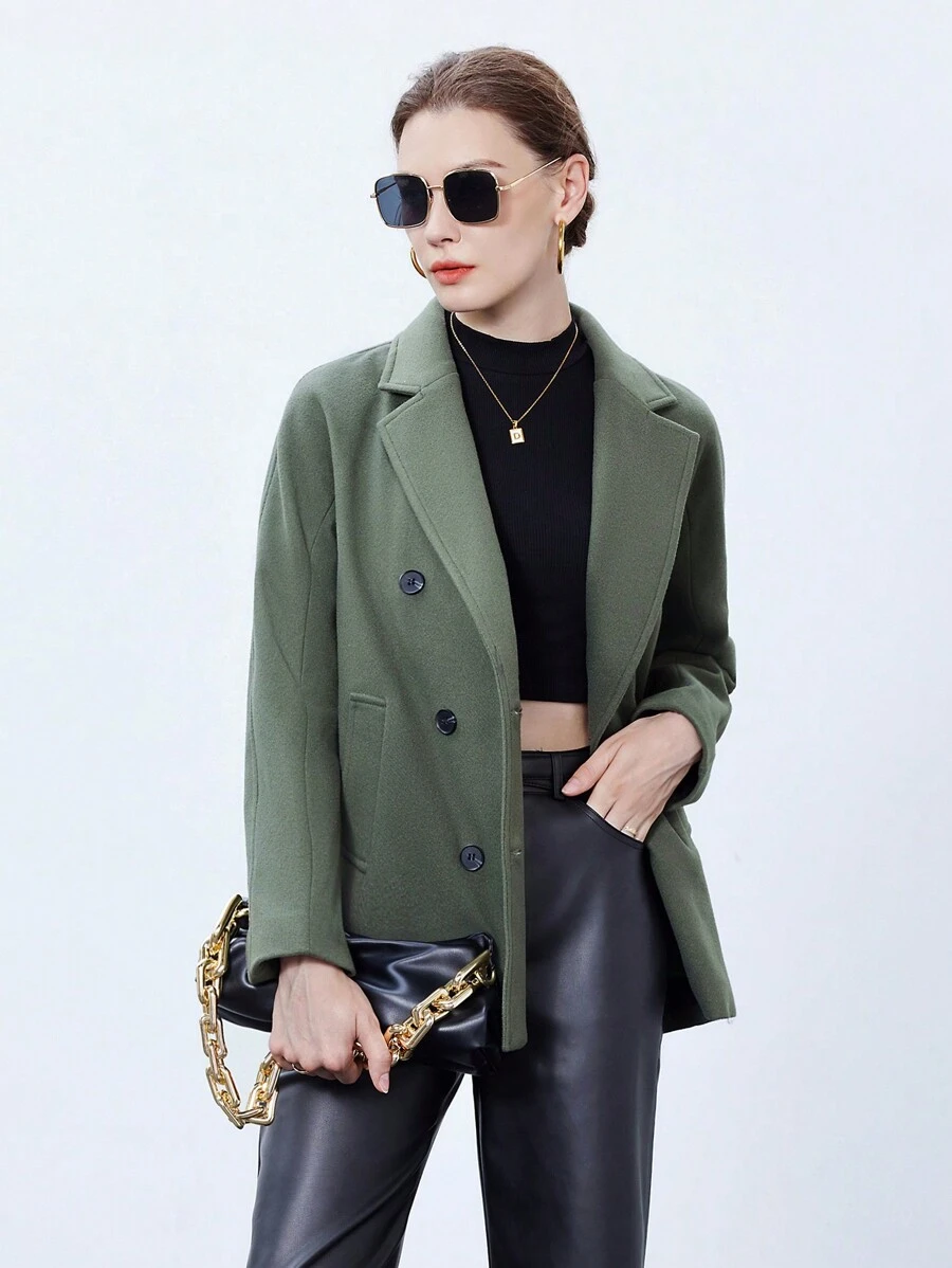 GENKIRA Lapel Collar Double Breasted Blazer - Army Green - View 1