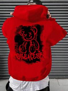 Manfinity RebelGame 男士超大款熊与字母图案连帽衫，秋季款，长袖上衣 - 紅色 - 查看 1