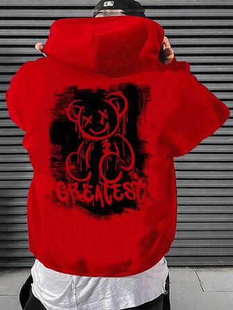 Manfinity RebelGame 男士超大款熊与字母图案连帽衫，秋季款，长袖上衣