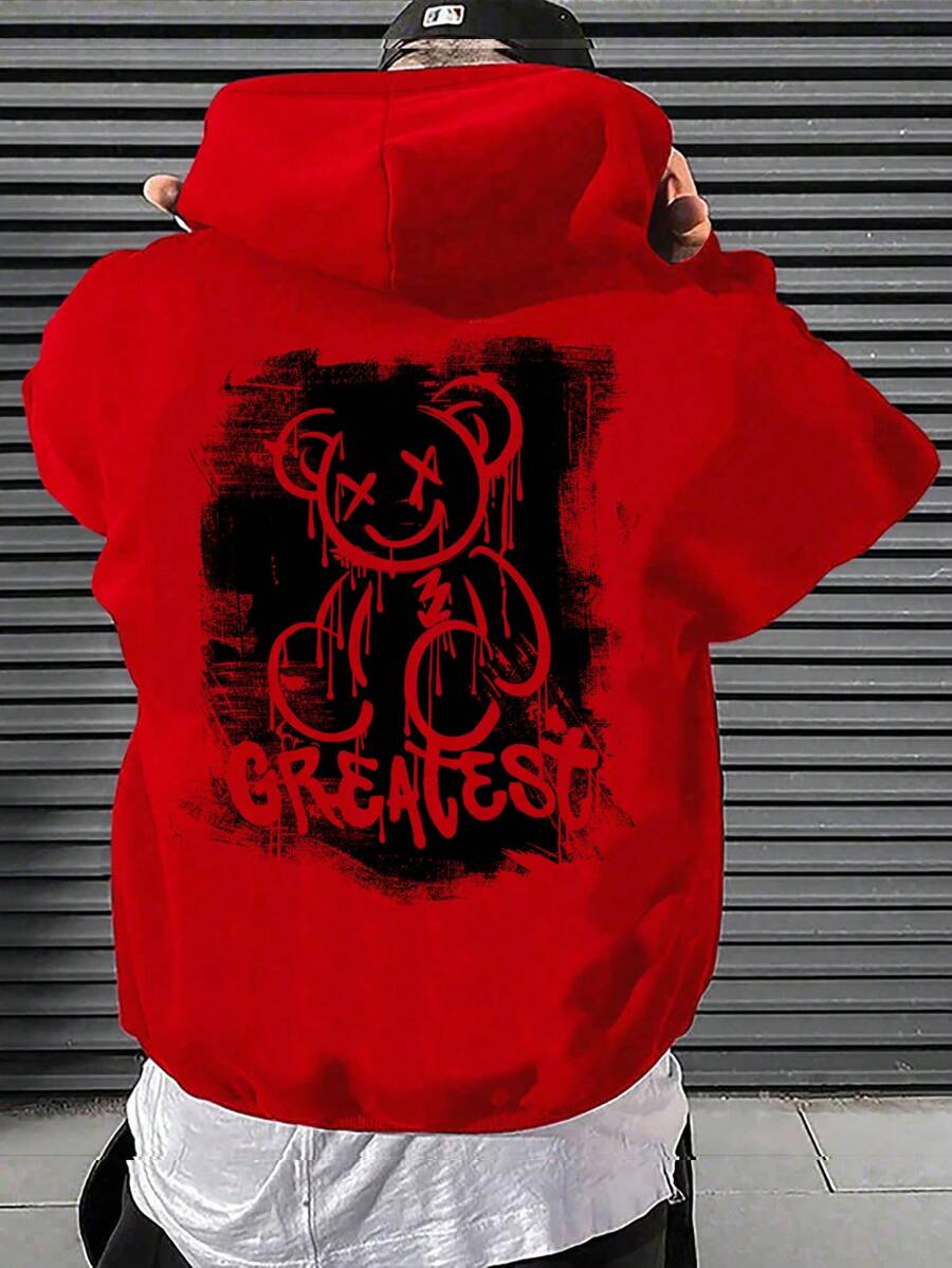 Manfinity RebelGame 男士超大款熊与字母图案连帽衫，秋季款，长袖上衣 - 紅色 - 查看 1