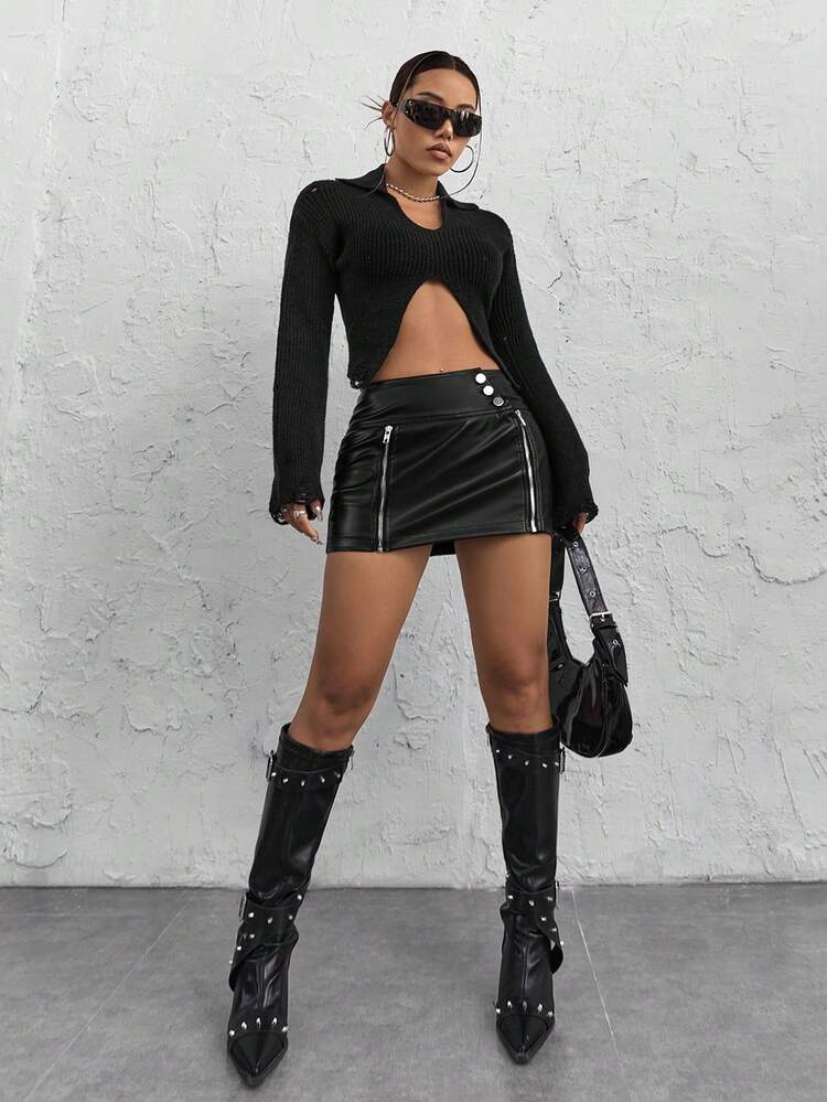 Solid Split Hem Distressed Trim Crop Sweater
