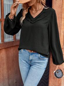 SHEIN LUNE Solid V Neck Lantern Sleeve Blouse - Black - View 3