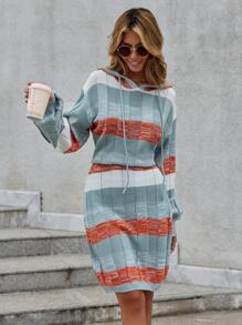 SHEIN LUNE Colorblock Drop Shoulder Drawstring Hooded Sweater Dress - Multicolor - View 5