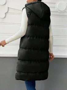 EURMUSE Zip Up Drawstring Hooded Vest Puffer Coat - Black - View 2