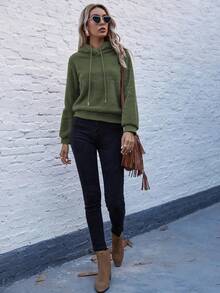 EMERY ROSE Drop Shoulder Drawstring Flannel Hoodie - Army Green - View 4