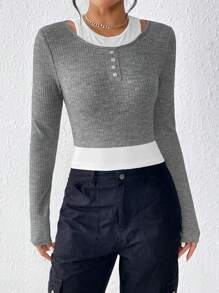 SHEIN Essnce 露肩拼色兩件式t恤 - 彩色 - 查看 2