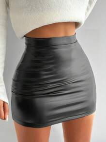 EURMUSE 素色後拉鍊PU皮革包臀半身裙 - 墨綠色 - 查看 4