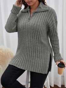 SHEIN Frenchy 大碼前拉鍊落肩袖下擺開叉套頭毛衣 - 黑色 - 查看 4