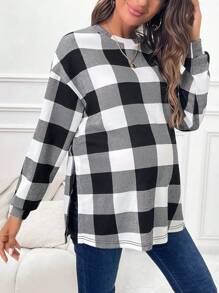 SHEIN Maternity Buffalo Plaid Print Drop Shoulder Split Hem Tee With Long Sleeve - Black and White - View 6