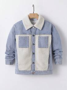 男大童羊絨領口雙口袋牛仔夾克不帶T恤 - 淺色水洗藍 - 查看 3