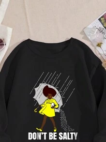 INAWLY Plus Size Character Print Fleece Sweatshirt Pullover Fall Sweatshirt - Black - View 5
