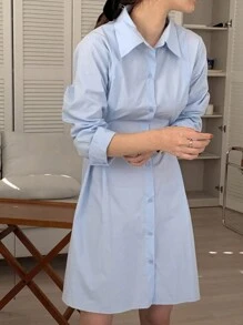 DAZY Women's Solid Color Button Detail Shirt Dress - Baby Blue - View 2