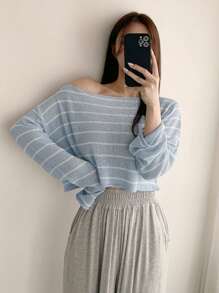 DAZY Sọc Cổ thuyền Thả vai Áo len Crop - Màu xanh lam - Xem 5