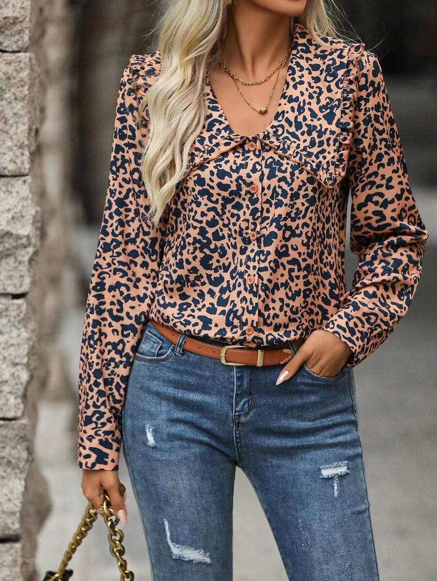 SHEIN Clasi Leopard Print Statement Collar Blouse