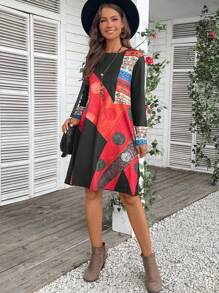 EMERY ROSE 幾何印花撞色T恤洋裝 - 彩色 - 查看 4