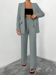 SHEIN 高個女款灰色素色披肩領長袖西裝外套與高腰長褲休閒套裝,附口袋細節 - 灰色 - 查看 5