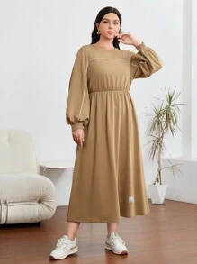 Mulvari 大碼字母貼布拼接滾邊燈籠袖衛衣洋裝 - 棕色 - 查看 6