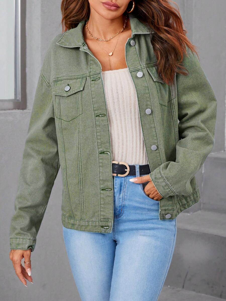 SHEIN LUNE Flap Pocket Drop Shoulder Denim Jacket - Olive Green - View 1