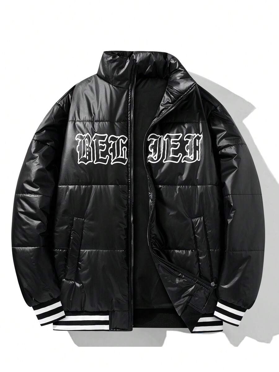 Manfinity LEGND Men Letter Graphic Striped Trim Slant Pockets Padded Coat - Black - View 1