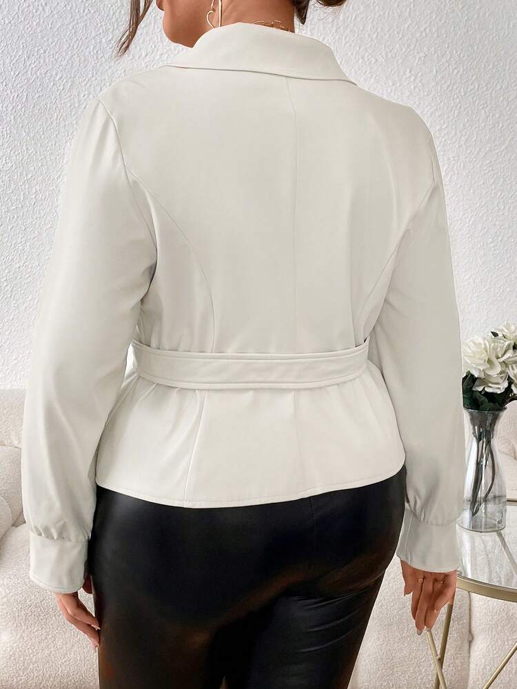 Plus Lapel Neck Flap Pocket PU Leather Jacket