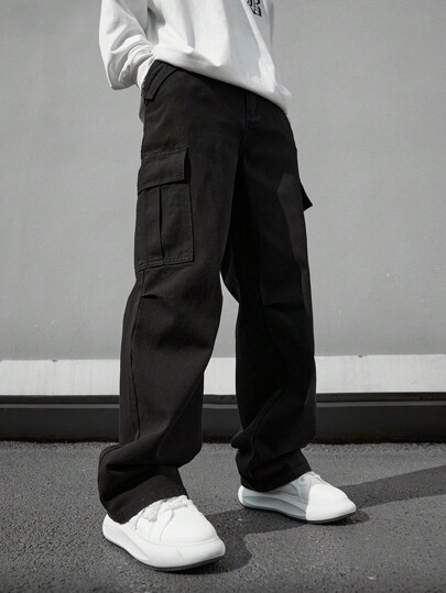 Claim Dot Pantalones vaqueros holgados con bolsillo con solapa lateral tipo cargo para hombres, de lavado desgastado, color negro liso, para salir con amigos, trabajo callejero, caza, estilo grunge