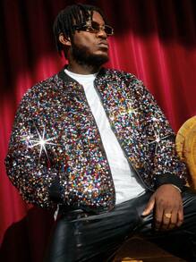 GENTILAND Men Plus Zip Up Sequin Bomber Jacket - Black - View 1