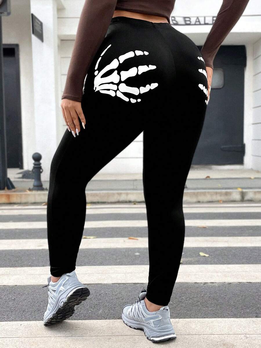 SHEIN Coolane 大碼骷髏手掌圖案緊身打底褲 - 黑色 - 查看 1