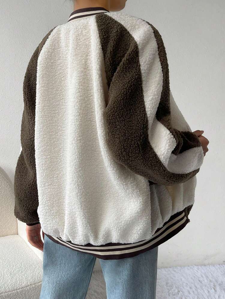 Letter Patched Striped Trim Raglan Sleeve Teddy Bomber Jacket