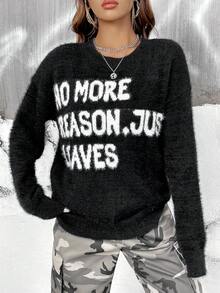 SHEIN EZwear 標語圖案落肩袖毛茸茸套頭毛衣 - 黑與白 - 查看 5