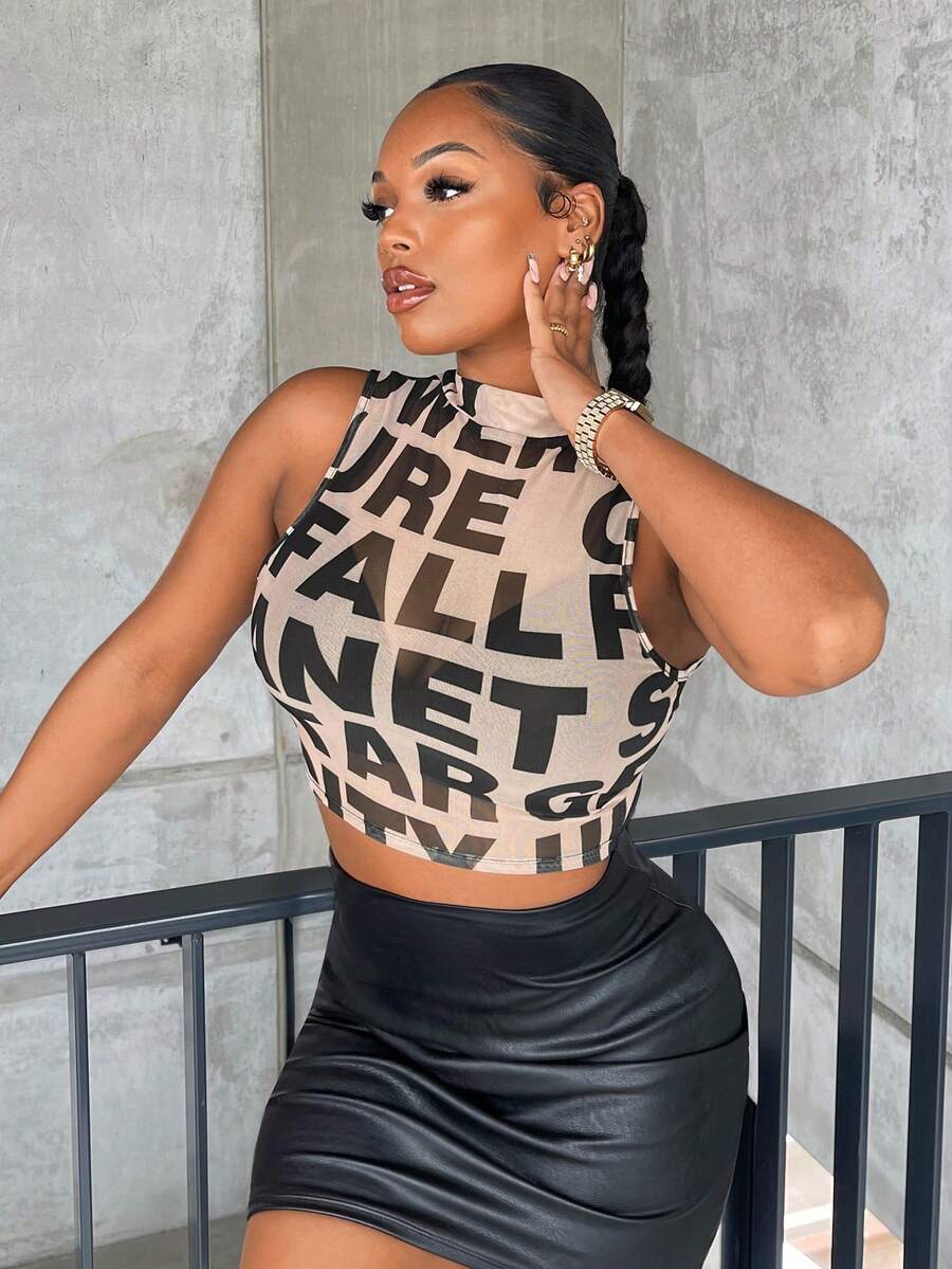 SHEIN SXY Áo ba lỗ lưới cổ đứng in chữ cho nữ - Màu Khaki - Xem 1